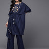 Dhiyona VA Women's Navy Blue Yoke Design Thread Work Pure Cotton Kurta with Trousers