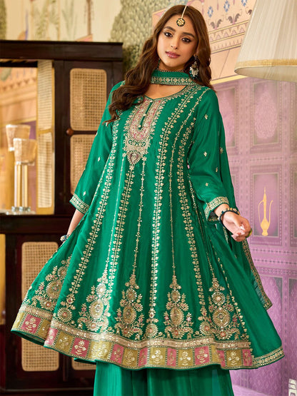 Floral Embroidered Mirror Work Round Neck Anarkali Kurta With Palazzos & Dupatta