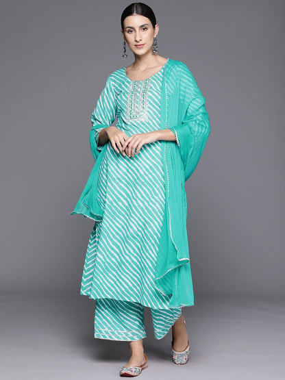 Indyancart VA Women's Leheriya Striped Regular Gotta Patti Cotton Kurta with Trousers & Dupatta