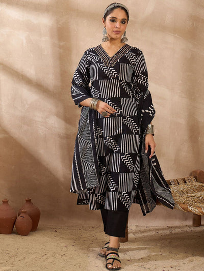 Indyancart IE Geometric Printed V Neck Pure Cotton Kurta With Trousers & Dupatta