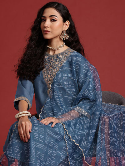 Indyancart IE Bandhani Yoke Design Gotta Patti Kurta With Trousers & Dupatta