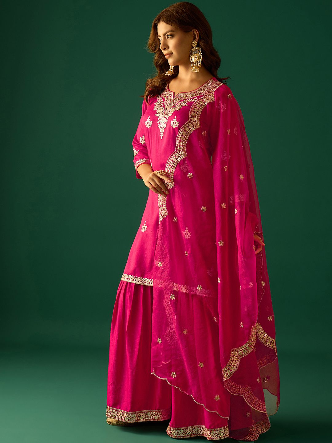Indyancart VA Women Ethnic Motifs Embroidered Kurta with Sharara & Dupatta