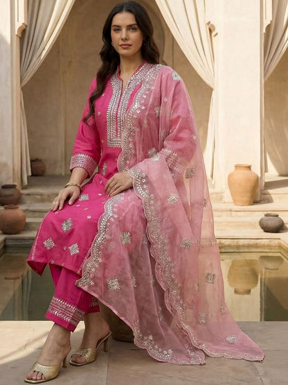 Indyancart Women's Ethnic Motifs Embroidered Regular Thread Work Kurta Set