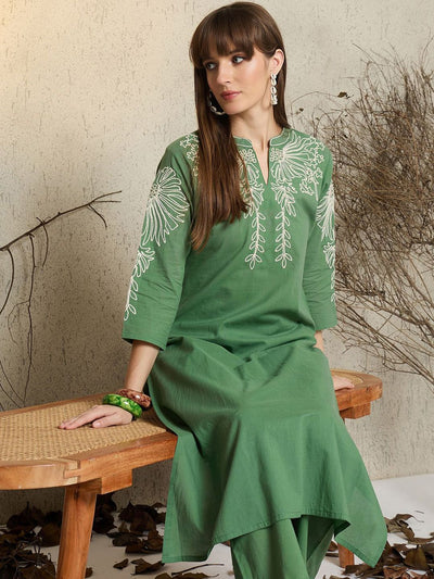 Indyancart IE Women Embroidered Mandarin Collar Cotton Top and Trousers Co-Ords