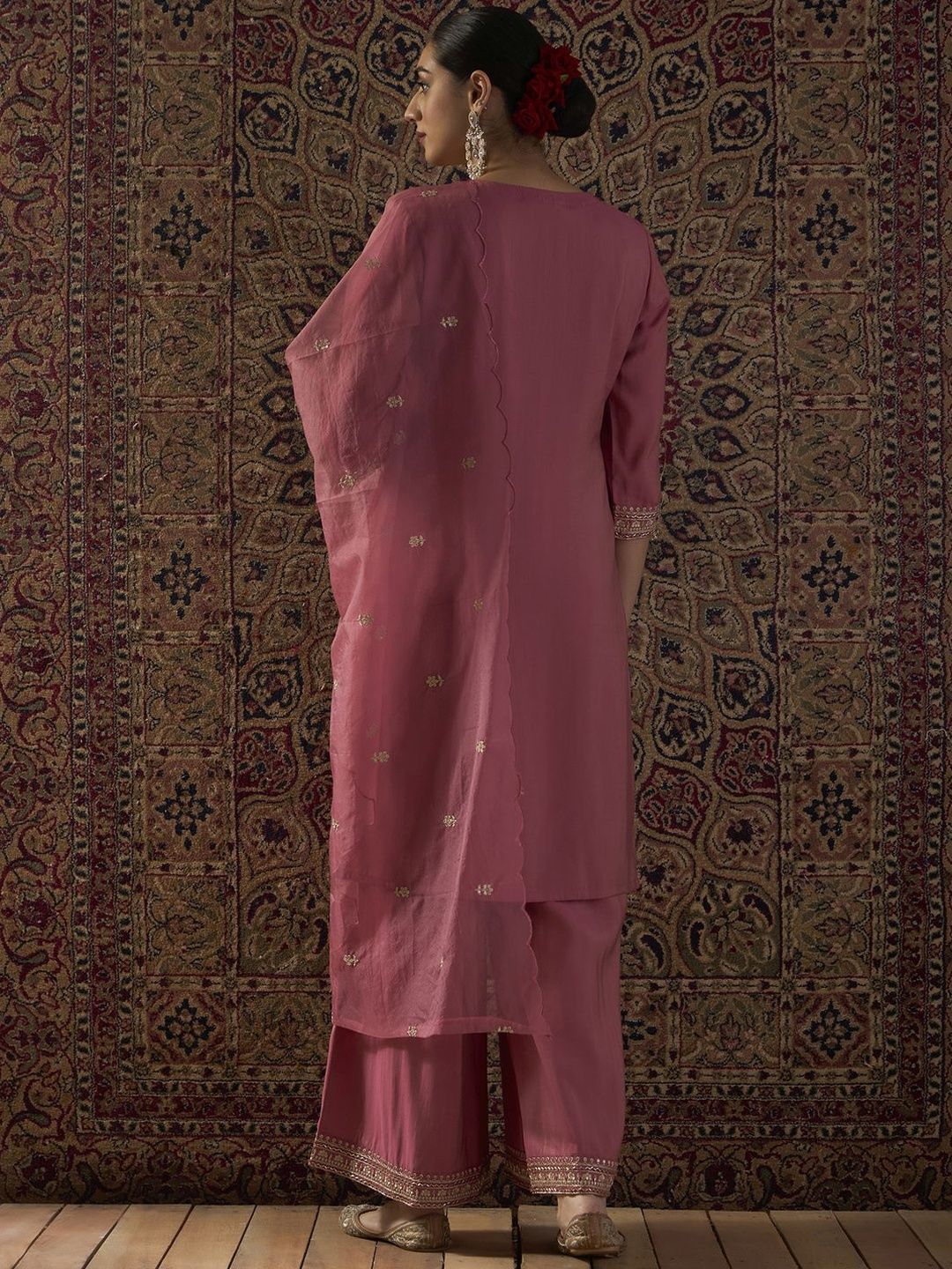 Indyancart IE Ethnic Motifs Embroidered Regular Straight Kurta With Palazzos & Dupatta