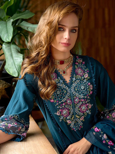 Dhiyona IE Women Floral Embroidered Panelled Sequinned Kurta with Trousers & Dupatta