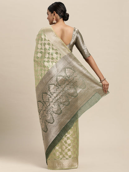 Women's Silk Blend Olive Woven Design Designer Saree With Blouse Piece