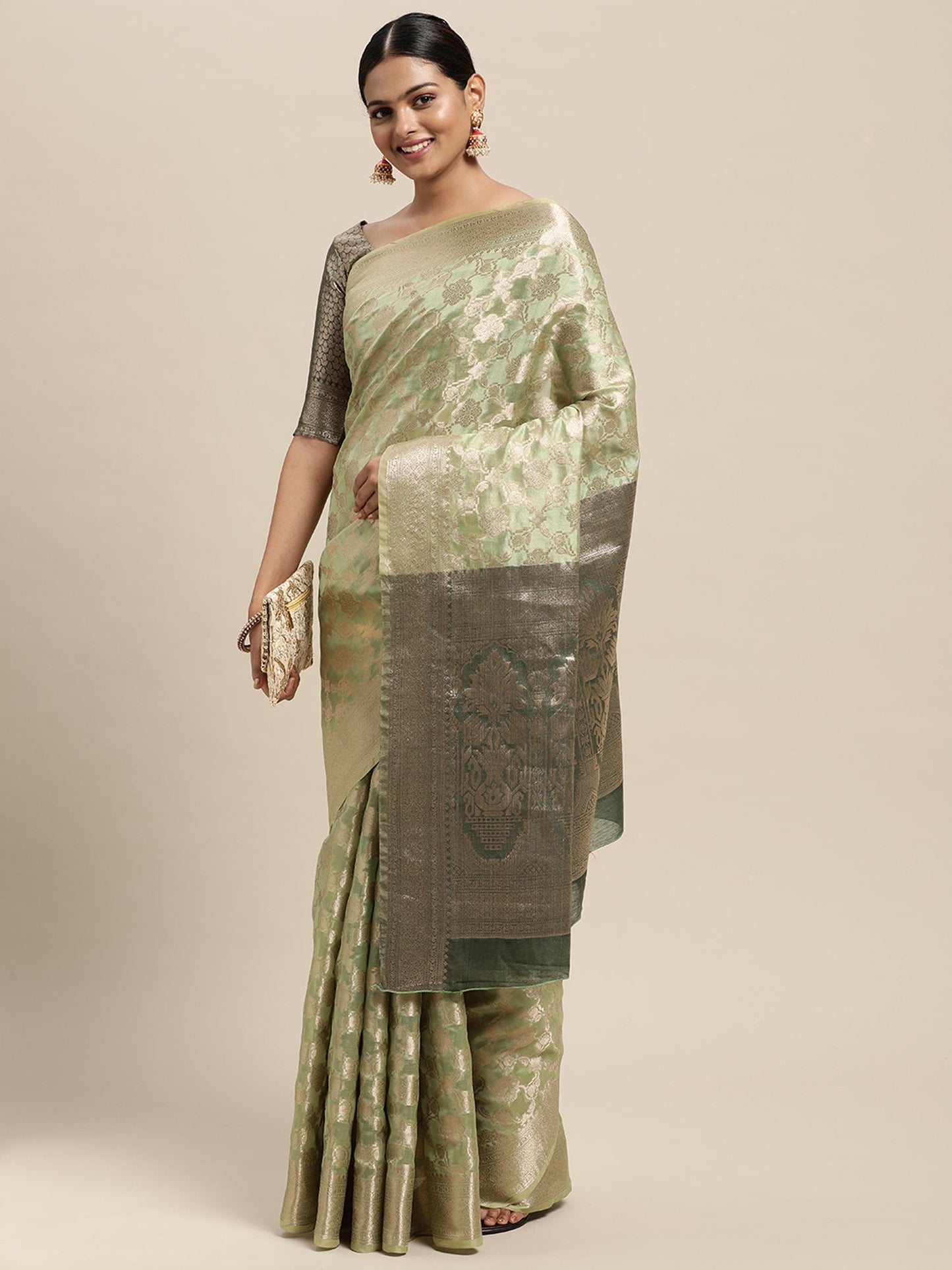 Women's Silk Blend Olive Woven Design Designer Saree With Blouse Piece