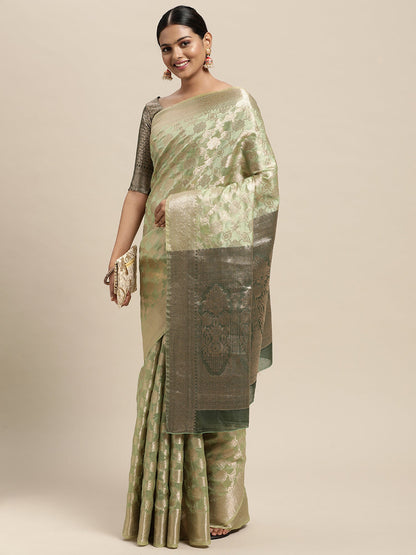 Women's Silk Blend Olive Woven Design Designer Saree With Blouse Piece