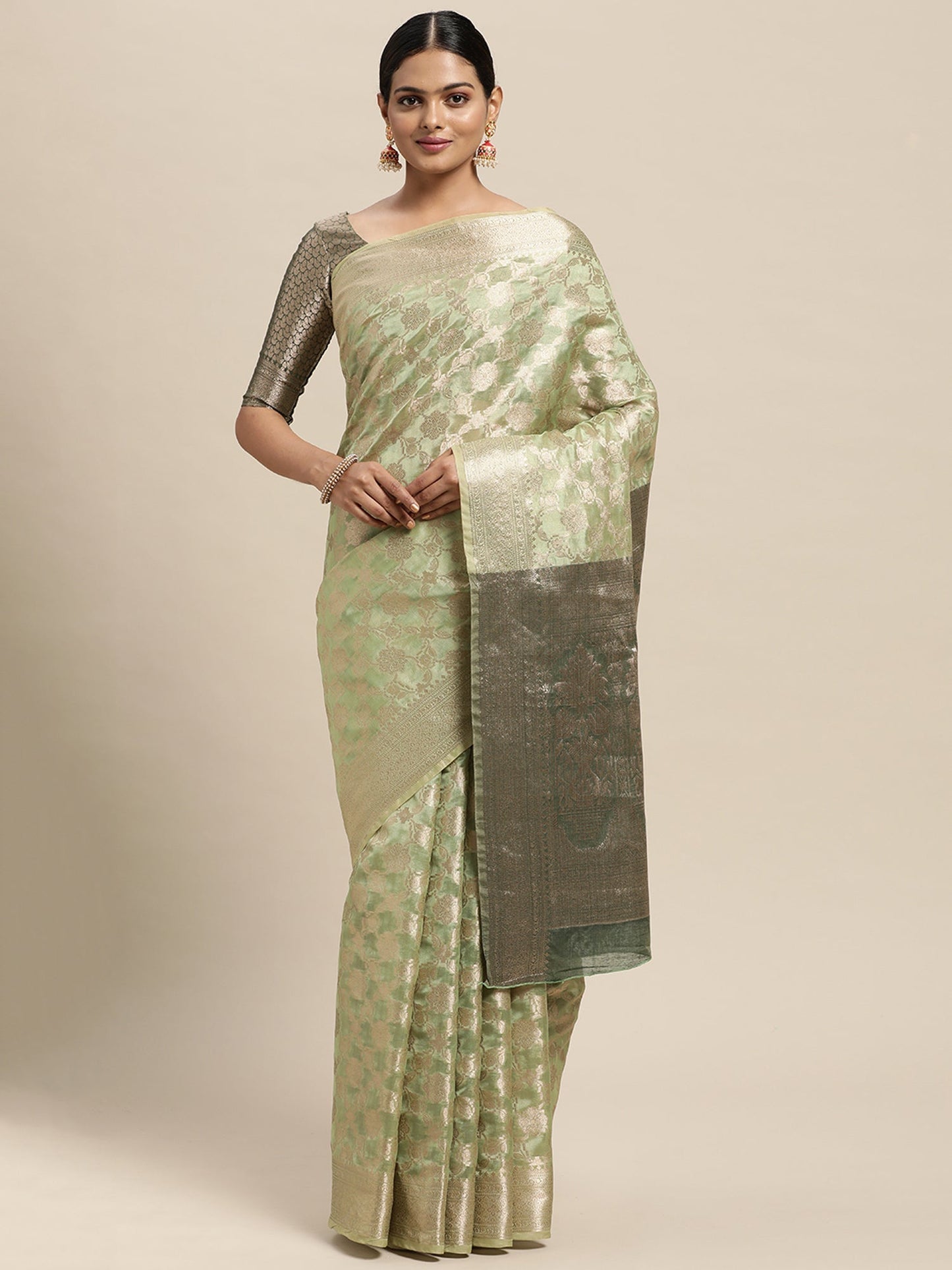 Women's Silk Blend Olive Woven Design Designer Saree With Blouse Piece