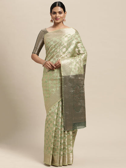 Women's Silk Blend Olive Woven Design Designer Saree With Blouse Piece