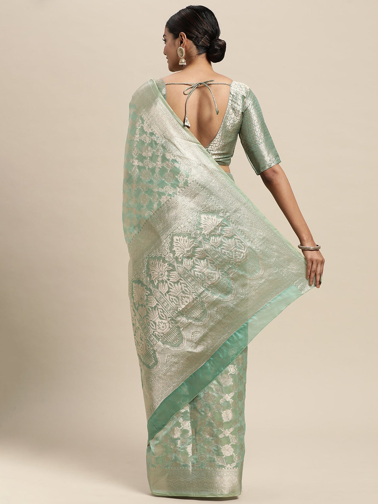 Women's Silk Blend Sea Green Woven Design Designer Saree With Blouse Piece