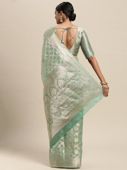 Women's Silk Blend Sea Green Woven Design Designer Saree With Blouse Piece