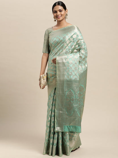 Women's Silk Blend Sea Green Woven Design Designer Saree With Blouse Piece
