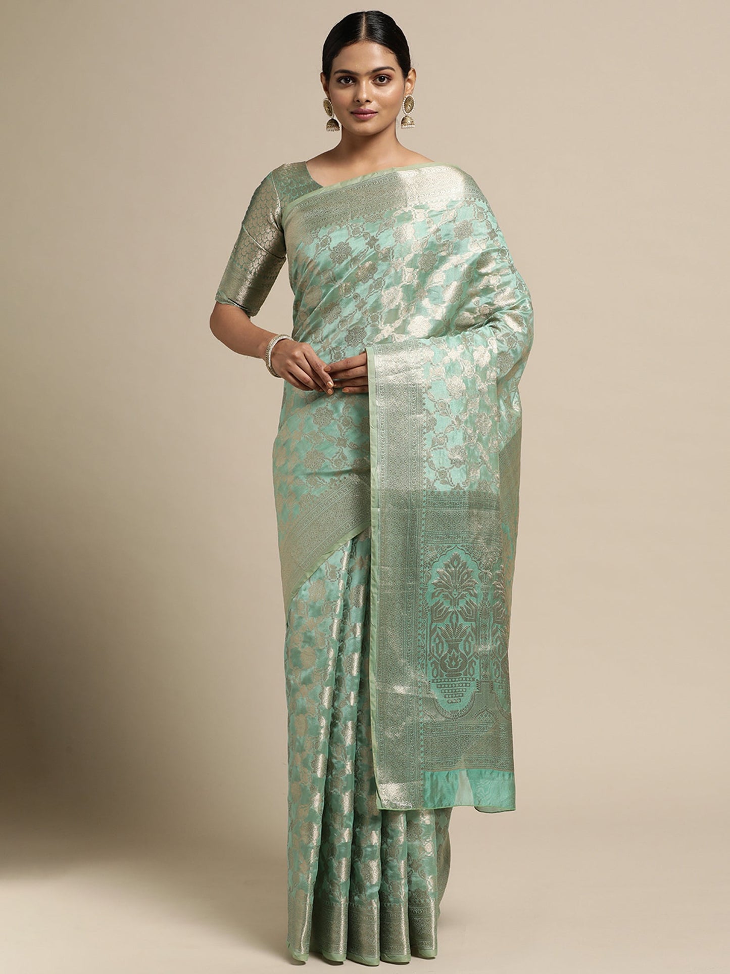 Women's Silk Blend Sea Green Woven Design Designer Saree With Blouse Piece