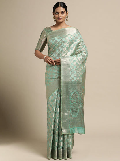 Women's Silk Blend Sea Green Woven Design Designer Saree With Blouse Piece