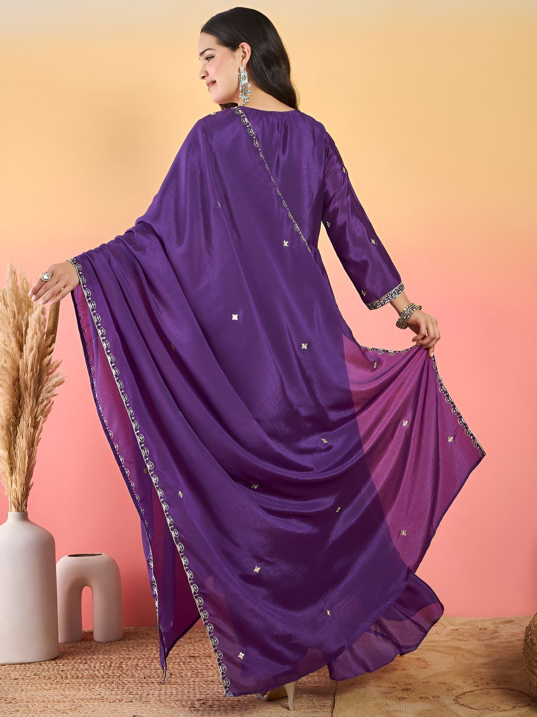 Indyancart VA Floral Embroidered Thread Work Kurta With Palazzos & Dupatta