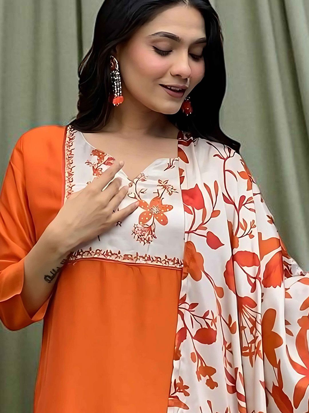 Indyancart SN Women's Floral Printed Cotton Anarkali Kurta with Trousers & Dupatta