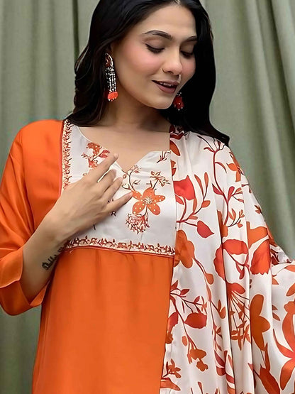 Indyancart SN Women's Floral Printed Cotton Anarkali Kurta with Trousers & Dupatta
