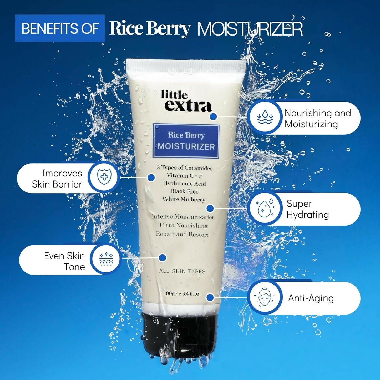 Little Extra Rice Berry Face Moisturizer showing a jar with product label, highlighting lightweight, non-sticky formula for glowing skin.