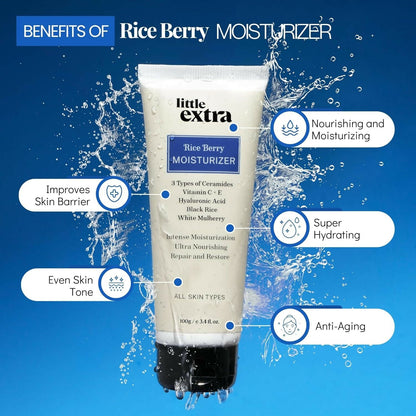 Little Extra Rice Berry Face Moisturizer showing a jar with product label, highlighting lightweight, non-sticky formula for glowing skin.