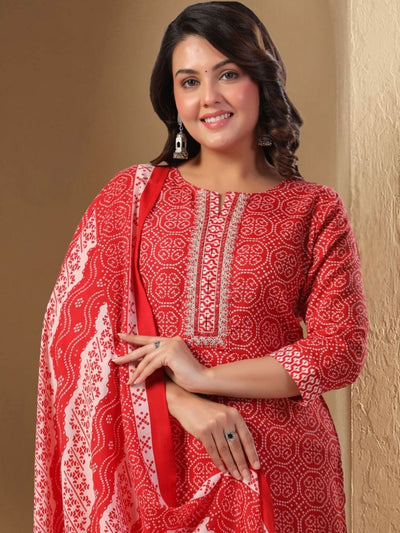 Indyancart IE Women Bandhani Printed Regular Thread Work Pure Cotton Kurta with Trousers & With Dupatta
