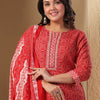 Indyancart IE Women Bandhani Printed Regular Thread Work Pure Cotton Kurta with Trousers & With Dupatta