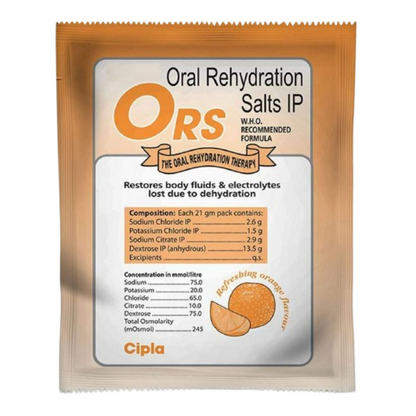 Cipla Ors Prolyte sachet with orange flavor, electrolyte ORS powder for dehydration, shown in a single orange-flavored sachet