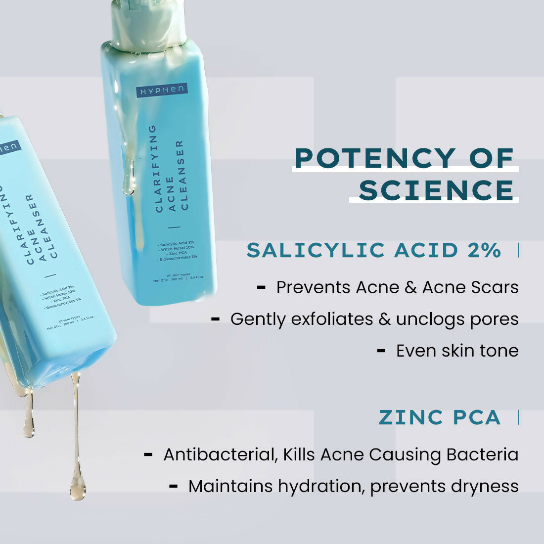 Hyphen by Kriti Sanon acne treatment serum and essence duo for clear skin, featuring Hyphen brand packaging and product bottles.