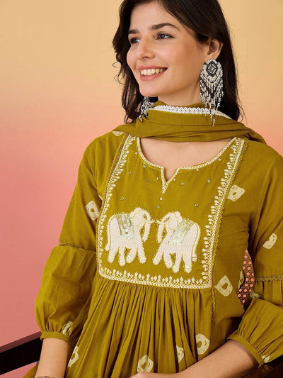 Indyancart SN Women's Ethnic Motifs Embroidered Sequinned Pure Cotton Kurta And Trouser With Dupatta