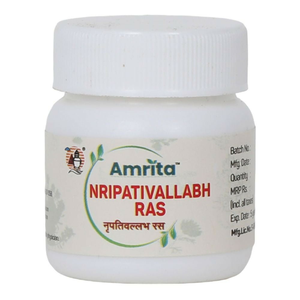 Amrita Ayurvedic tablets, Amrita Nripativallabh Ras in a glass bottle, showcasing traditional herbal medicine packaging.