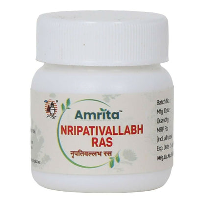 Amrita Ayurvedic tablets, Amrita Nripativallabh Ras in a glass bottle, showcasing traditional herbal medicine packaging.