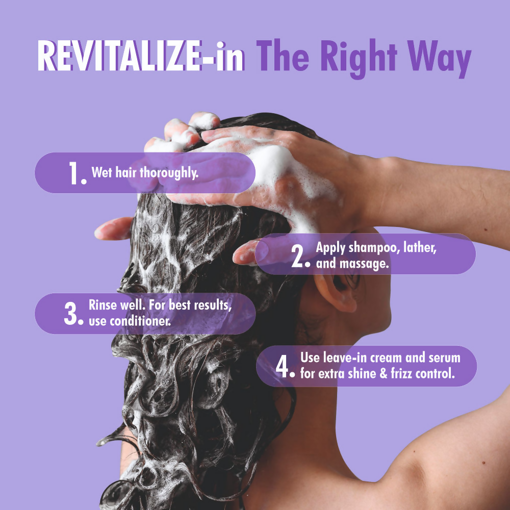 3TENX UltimateRevitalize shampoo for dry, brittle hair showing a bottle with label and lathered hair in a shower setting