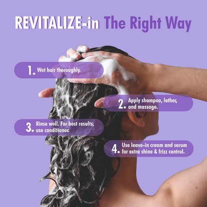 3TENX UltimateRevitalize shampoo for dry, brittle hair showing a bottle with label and lathered hair in a shower setting