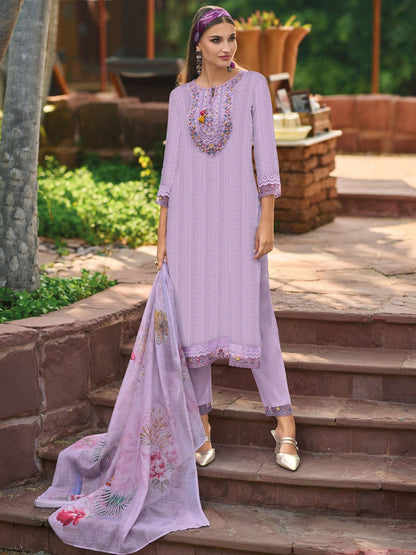 Indyancart IE Lavender Floral Embroidered Tie Up Neck Pure Cotton Kurta with Trousers & Dupatta
