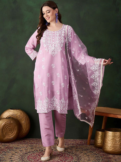Indyancart SN Women's Lavender Floral Embroidered Thread Work Cotton Kurta & Trouser With Dupatta