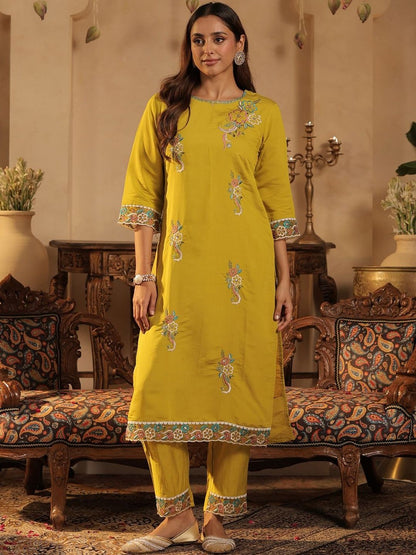 Floral Embroidered Straight Kurta With Trousers & Dupatta