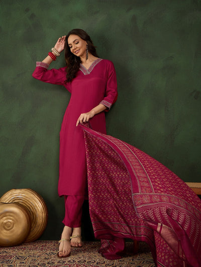 Indyancart SN Women's Thread Work V-Neck Kurta With Trousers & Dupatta