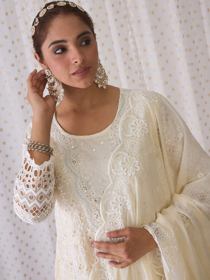 Indyancart IE Embroidered A-Line Mirror Work Pure Cotton Kurta with Trousers & Dupatta