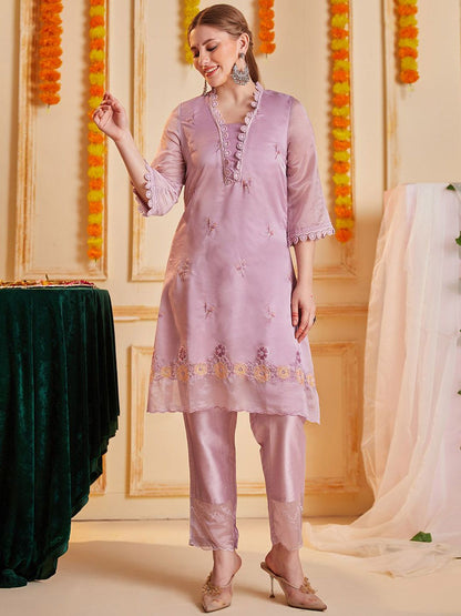 Indyancart SN Women's Floral Embroidered Notch Neck Thread Work Straight Kurta With Trouser & Dupatta