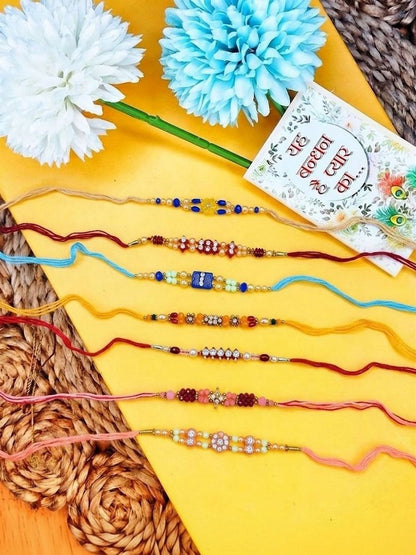 Anouk Set Of 7 Multicolor Designer Thread Rakhi With Roli Chawal Chandan Mishri