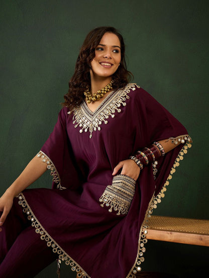 Indyancart SN Women's Burgundy Geometric Embroidered V-Neck Mirror Work Kaftan With Trousers