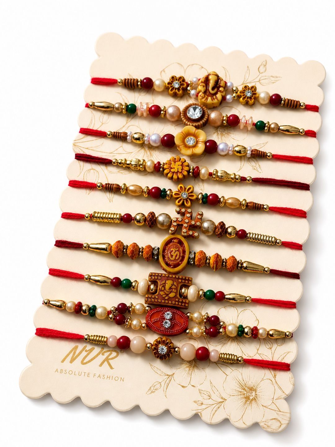 Anouk Set Of 10 Artificial Stones & Beads Thread Rakhi With Roli Chawal Chandan Mishri