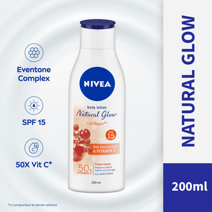 Nivea sunscreen and 50X Vitamin C body lotion bottle, moisturizing body lotion with brightening properties, in white and blue packaging.