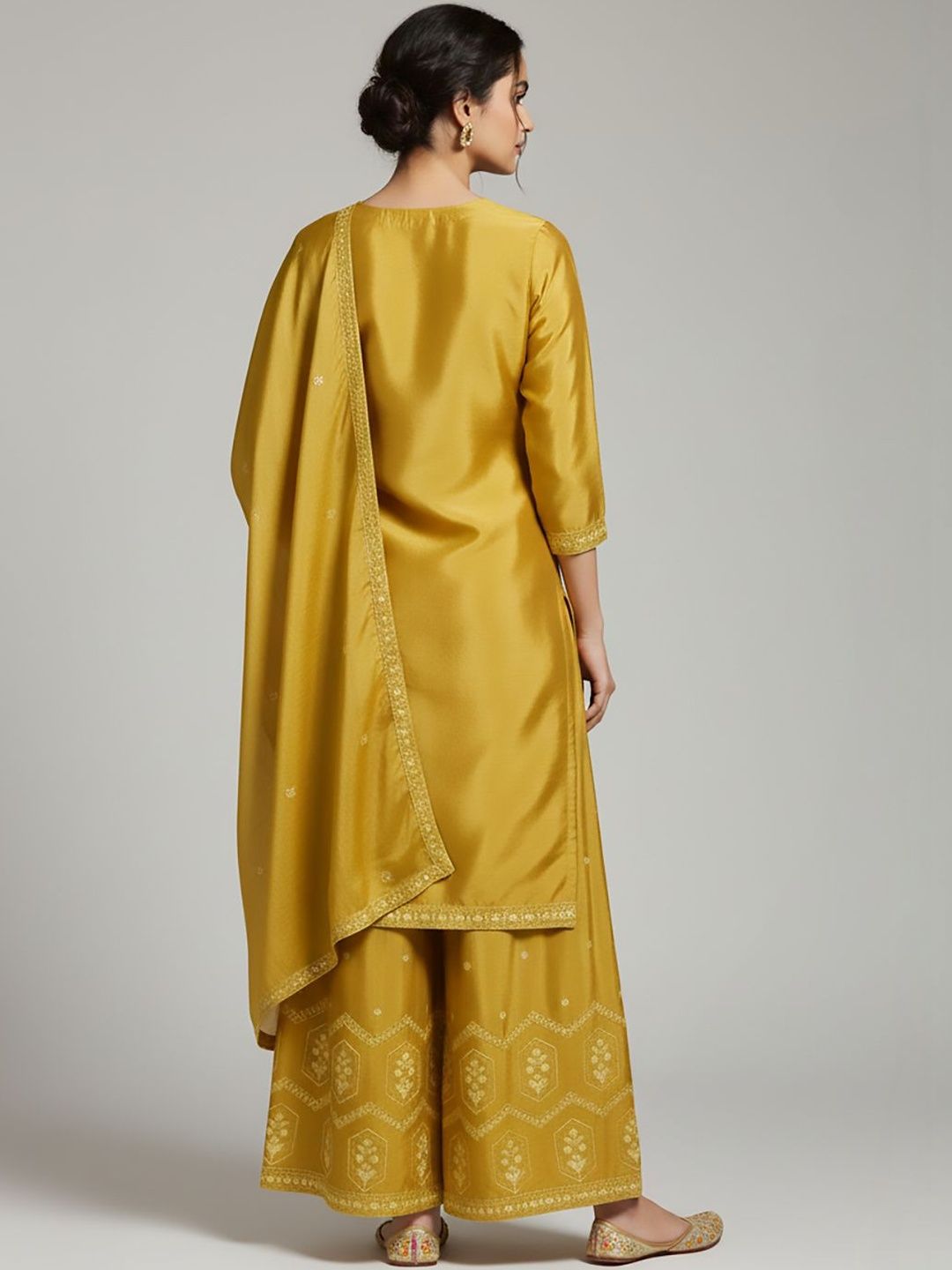 Indyancart VA Women Ethnic Motifs Embroidered Regular Thread Work Silk Crepe Kurta with Palazzos & With Dupatta
