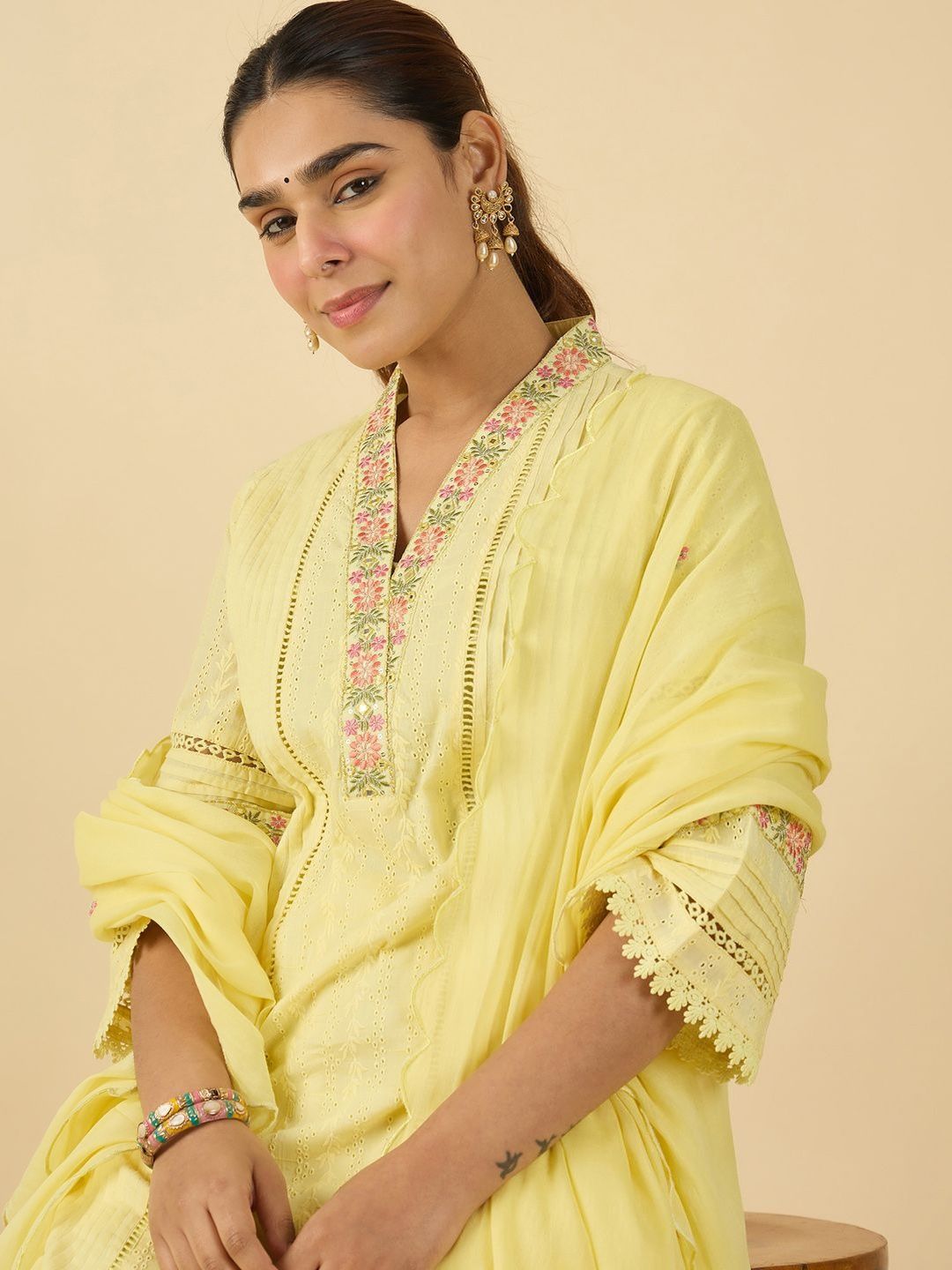 Women Floral Embroidered Cotton Kurta with Trousers & Dupatta