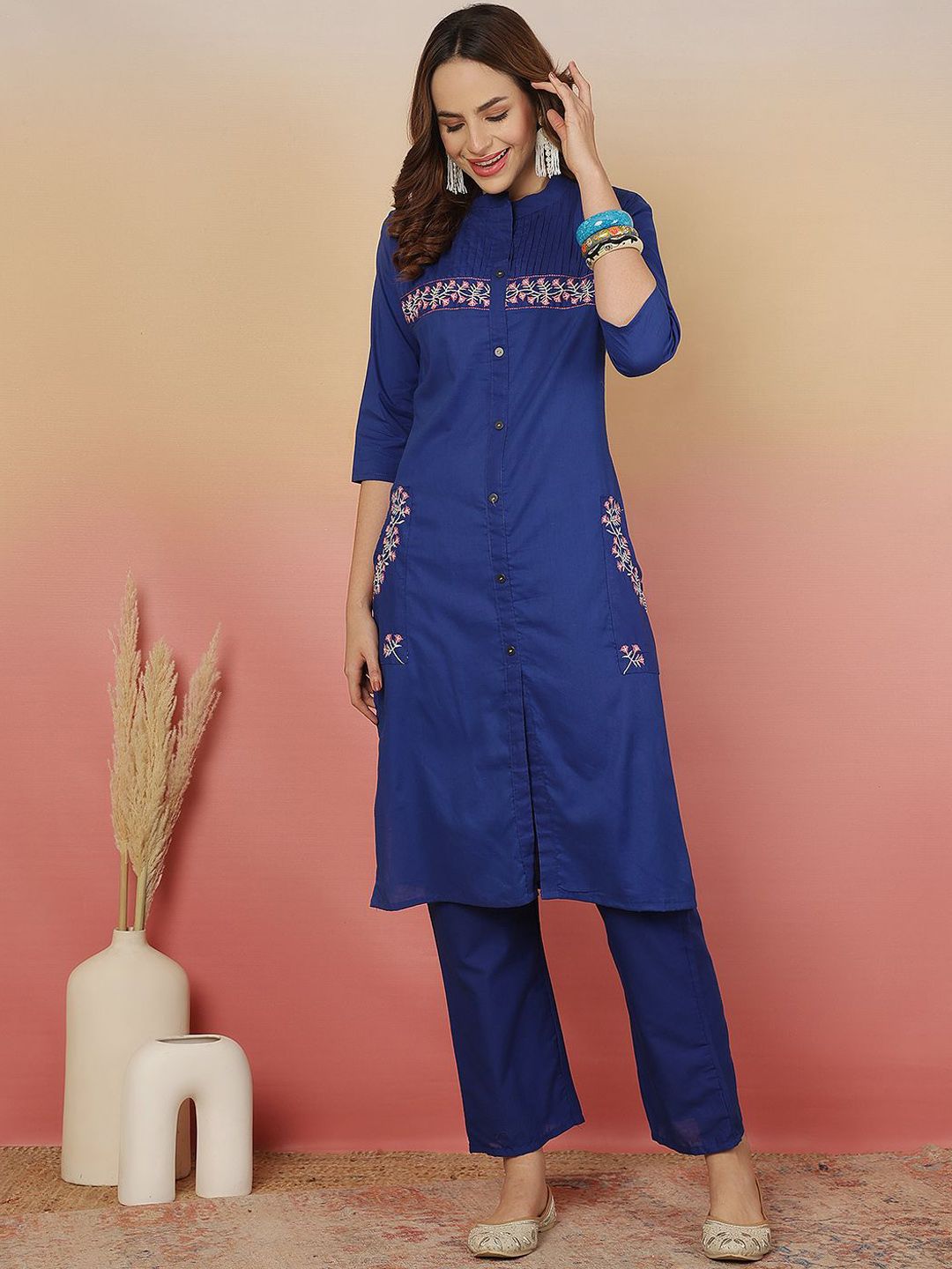 Indyancart SN Women's Embroidered Pure Cotton Straight Kurta With Trousers