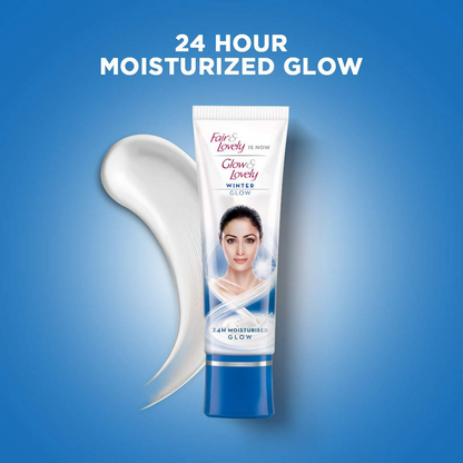 Glow & Lovely Winter Glow face cream jar with white lid and pink label, showcasing the skincare product for glowing skin.