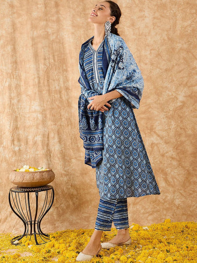 Dhiyona IE Ethnic Motifs Printed Straight Gotta Patti Kurta with Trousers & Dupatta