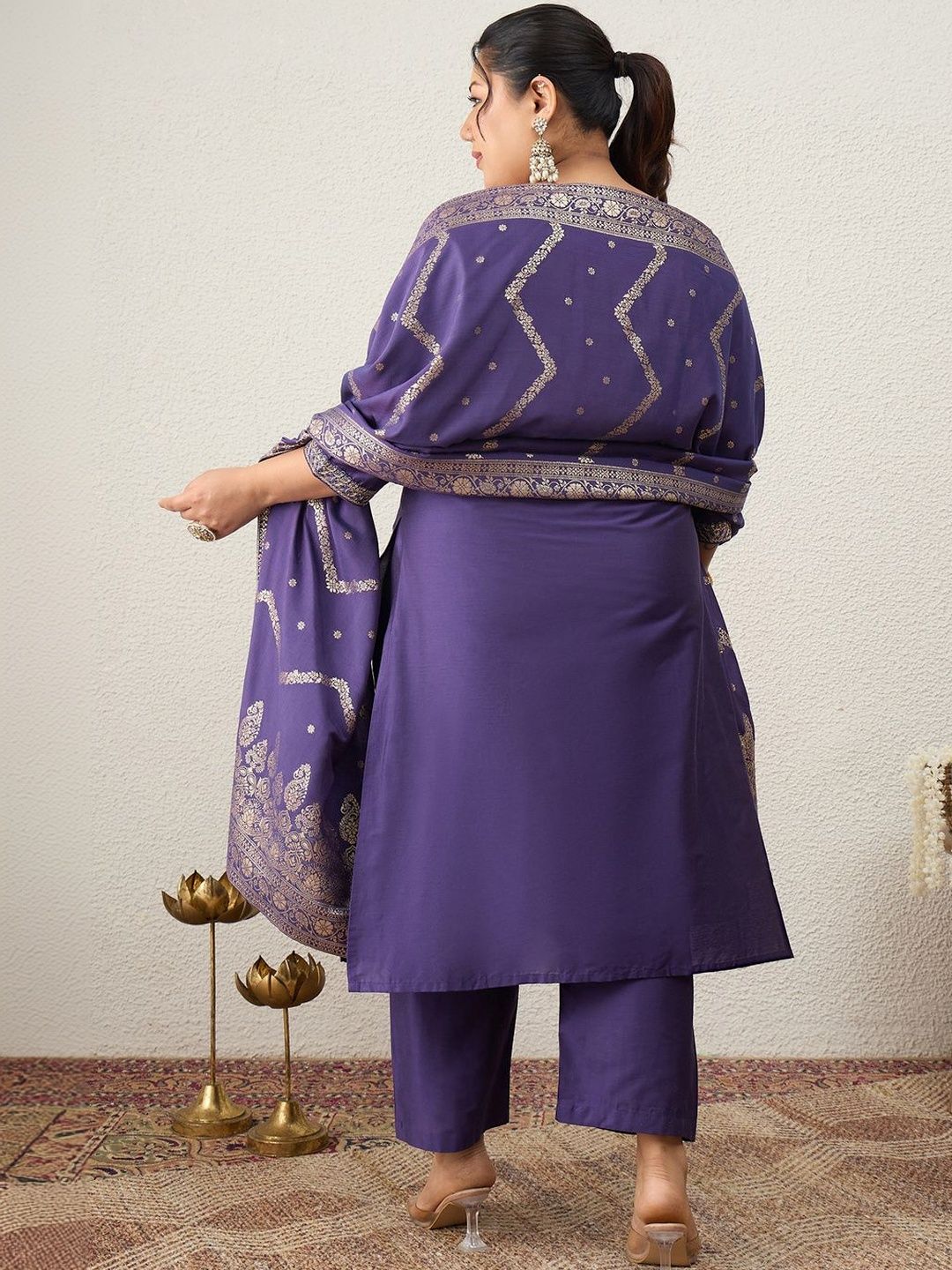 Indyancart Women's Ethnic Motifs Embroidered Regular Kurta with Trousers & With Dupatta